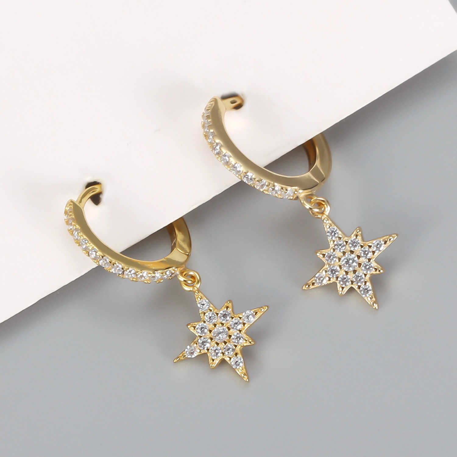 2021 NewJewelry 925 Sterling Silver EarJewelry Huggie Earrings Zircon Micro Pave Octagon Star Earrings