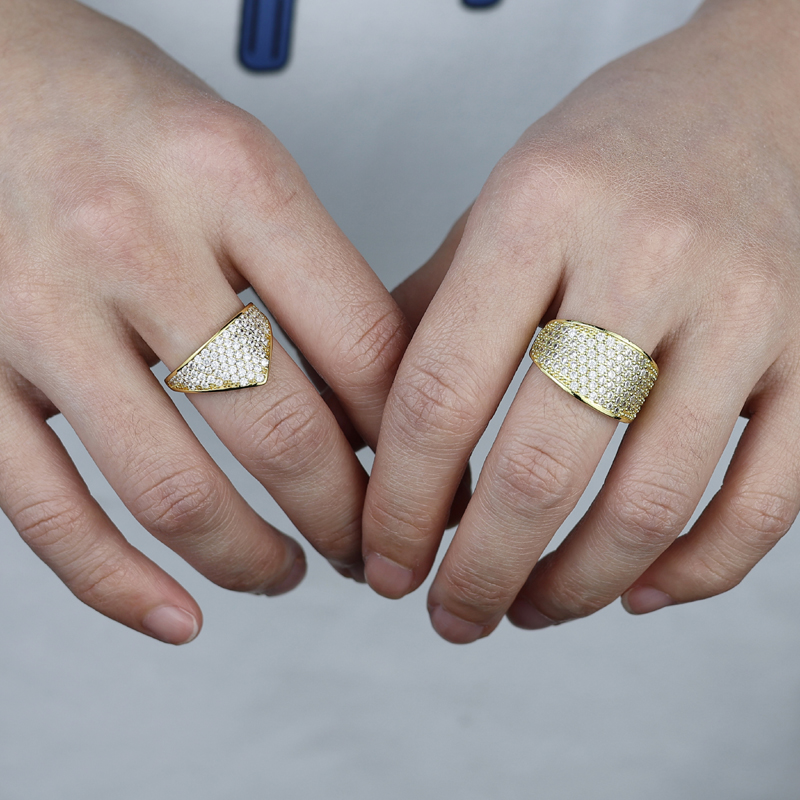 Gold Color Micro Pave 5A Cubic Zirconia Ice Out Finger Ring Prong Setting CZ Bling Women Men Wedding Engagement Jewelry