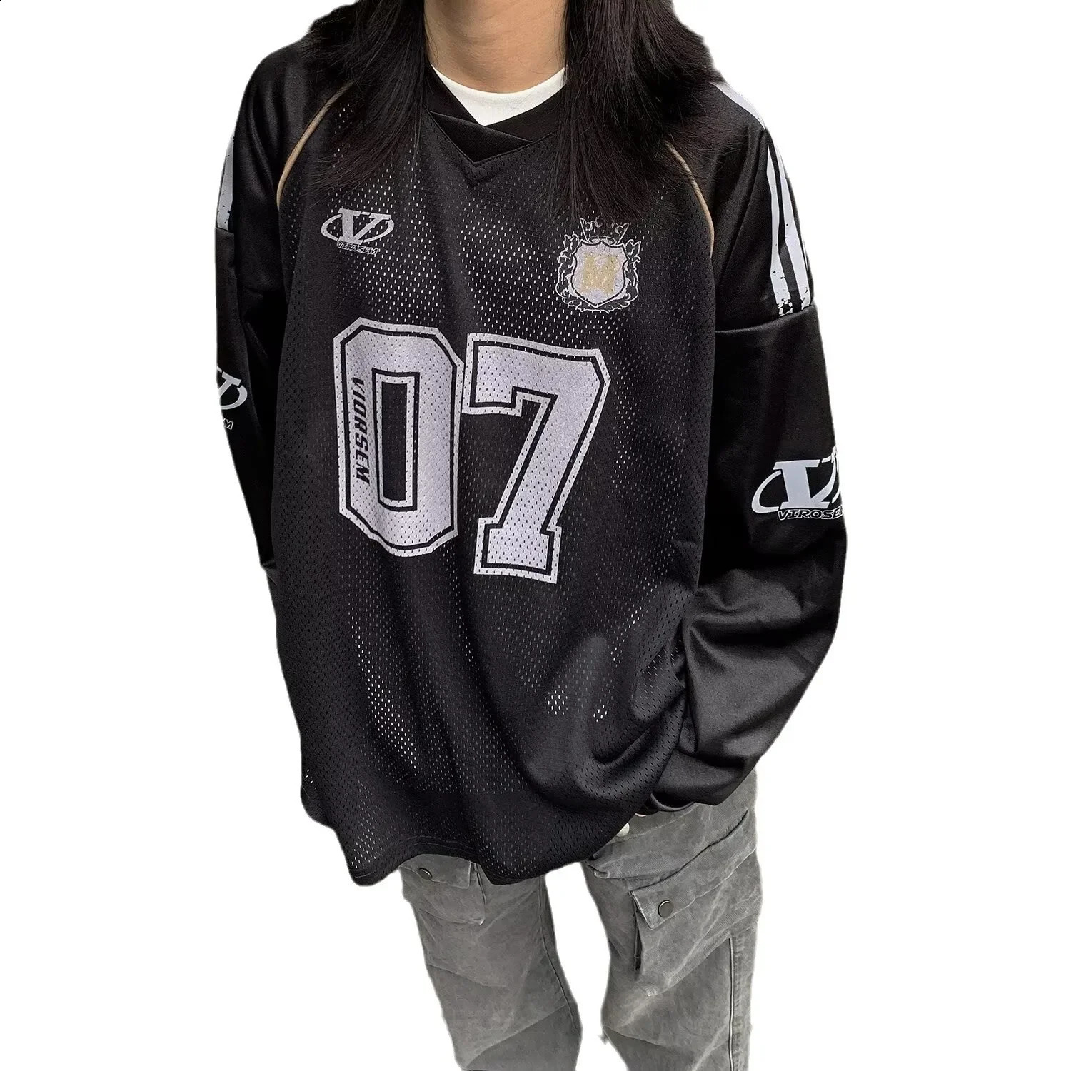 Vintage Letter Graffiti Printing Mesh Long Sleeve TShirt For Men Loose Fit Hip Hop Niche Versatile Top Casual Scene 250113