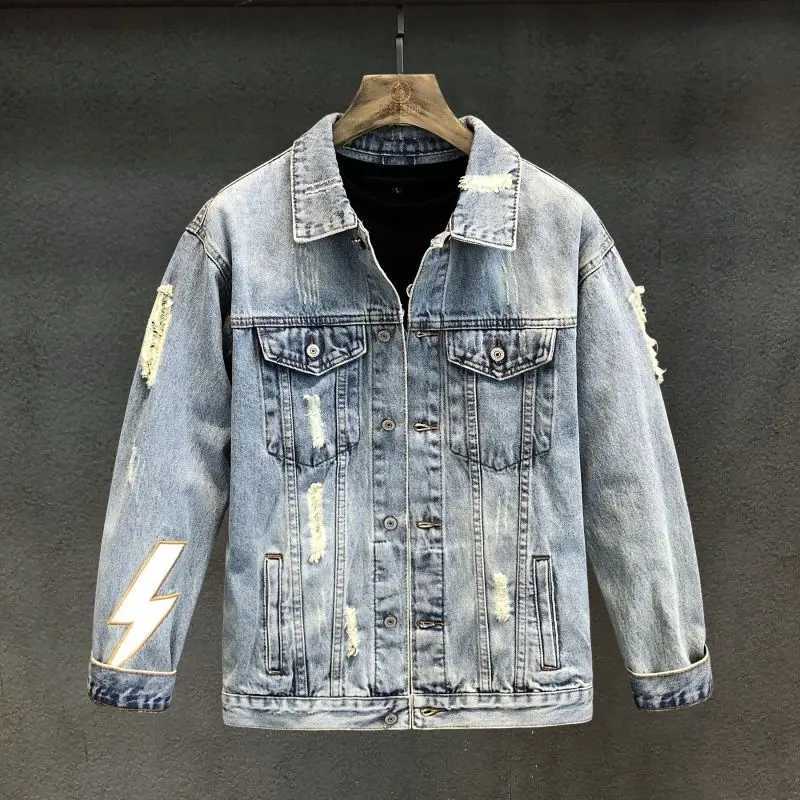 With Print Mens Denim Jacket Embroidery Hole Light Ripped Male Jean Coats Japanese Retro Cowgirl Washed Trendy New in Joker Y2k X250113