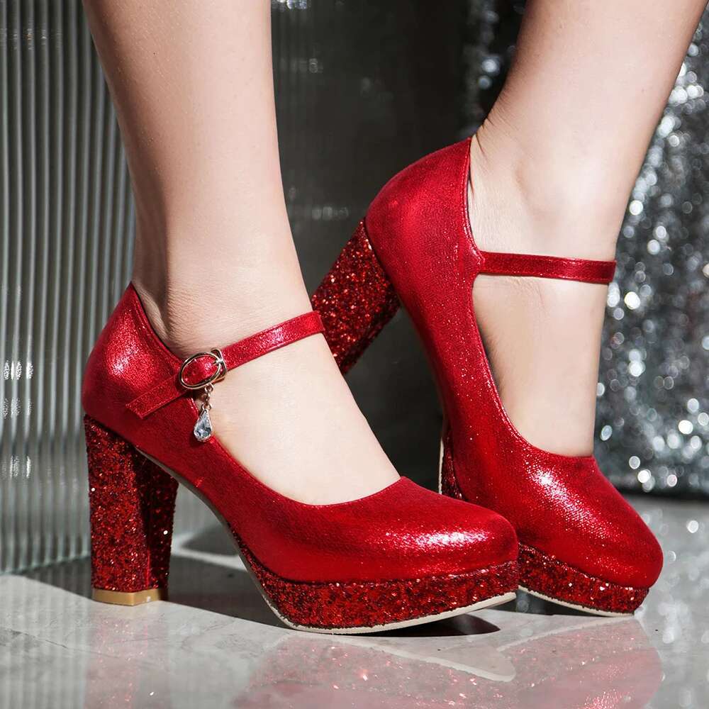 Sequined Red Sier Gold Women Platform Pumps 9Cm Chunky Heels Female Wedding Party Buckle Strap Ladies Round Toe Shoes