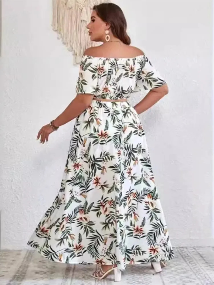 Plus Size Summer 2 Two Piece Set Women Off Shoulder Sexy Ladies Cropped Blouses Irregular Split Modis Ruffle Pleated Woman Skirt 250106