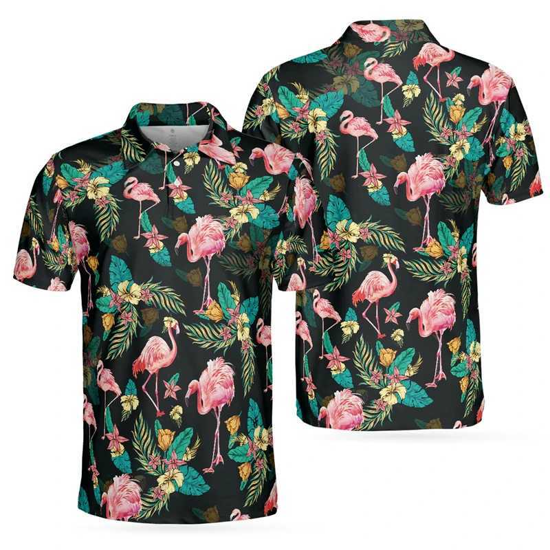 High Quality 3D printed flamingo polo shirt mens short sleeved golf shirt fashionable street polo shirt Hawaii beach new printed top and T-shirt T2501