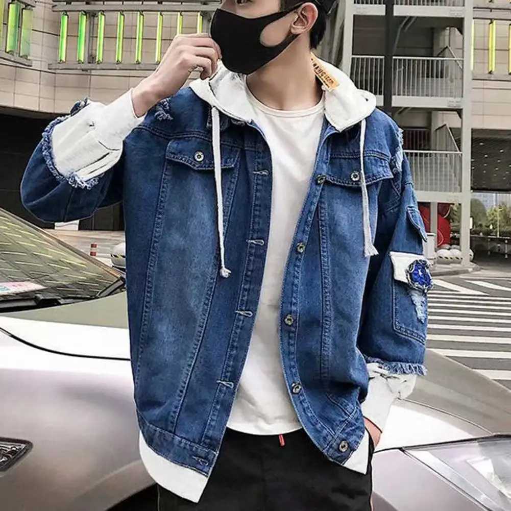 Trendy Denim Jacket Male Jean Jacket Buttons Ripped Drawstring Denim Jacket Daily Wear X250113
