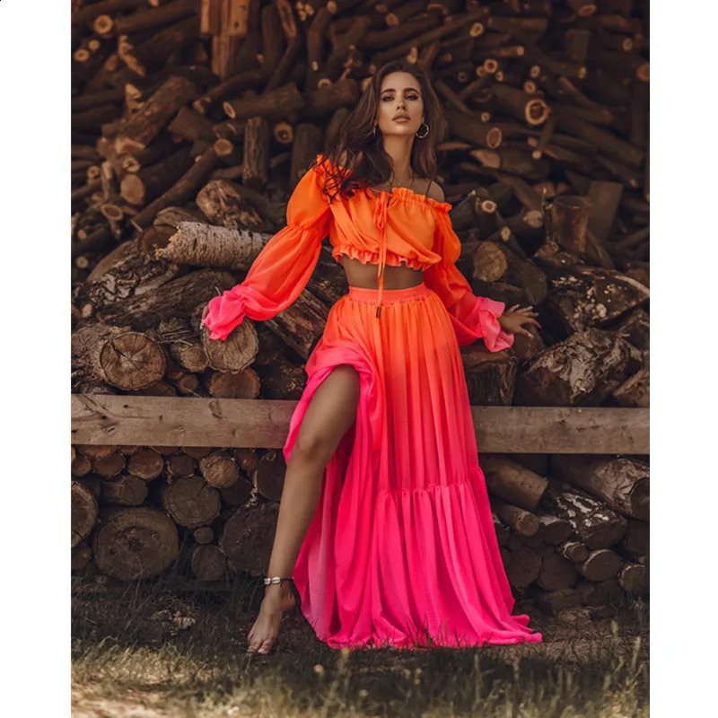 Women Long Sleeve Bikinis Cover ups Swim Long Cover up Tie-Up Crop Tops High Waist Long Skirt Kaftan Beach Tunic Dress 250109