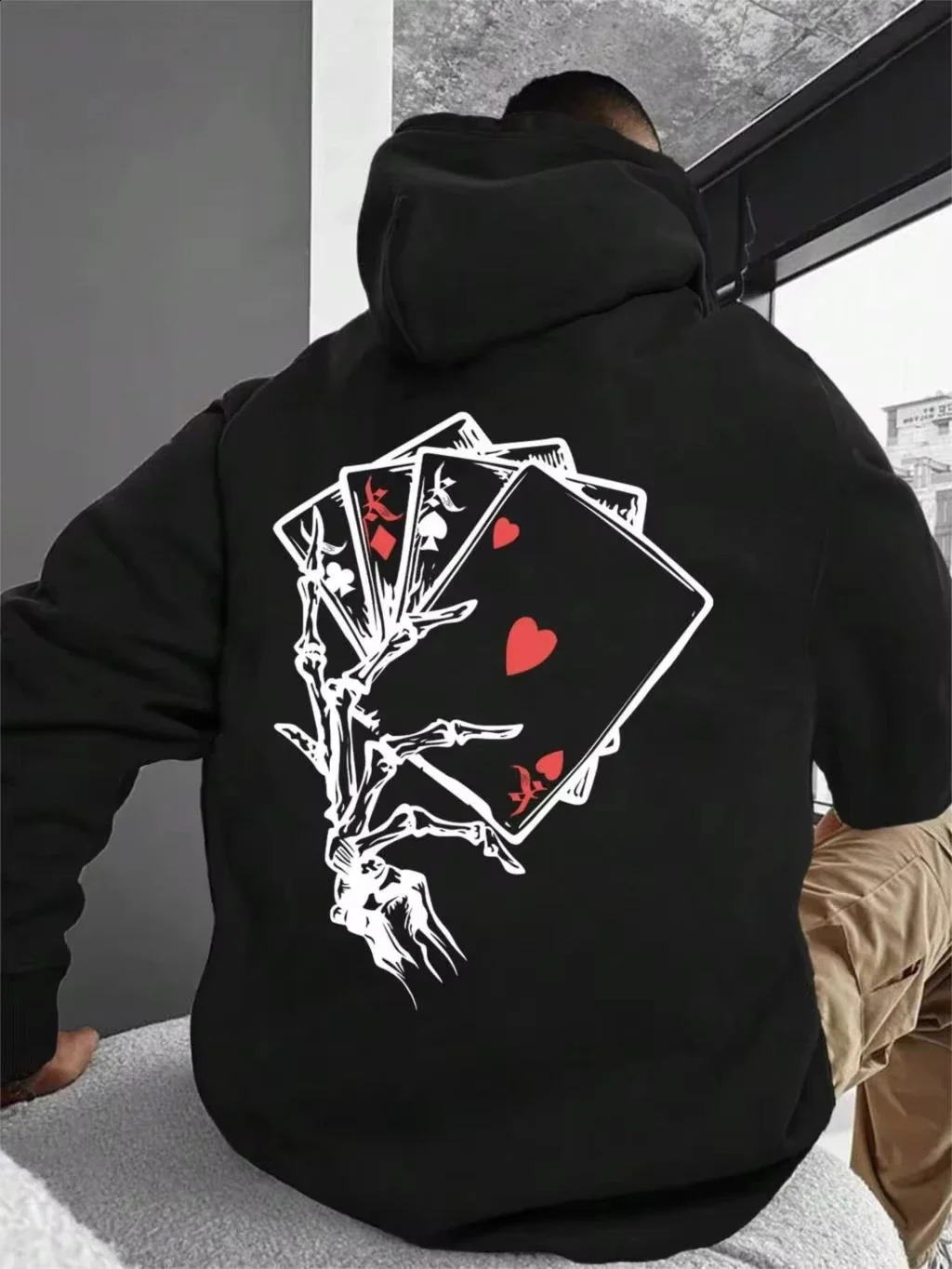 Printed poker hoodie for men kangaroo pocket pull rope pullover loose sweatshirt fall casual wear 250113