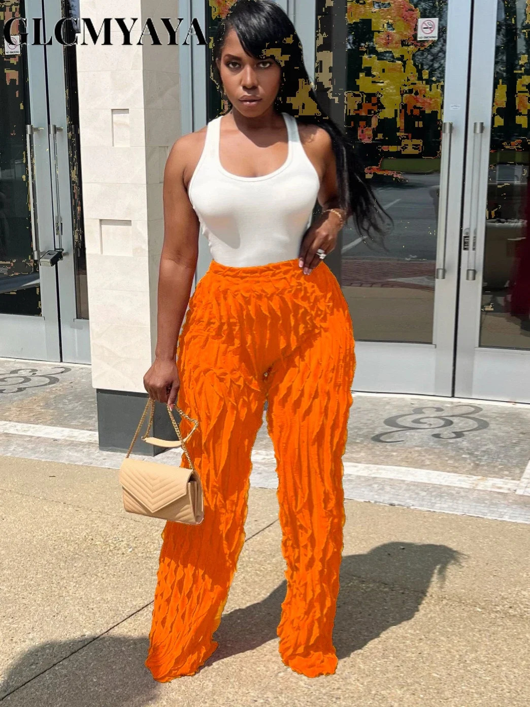 GLCMYAYA Women Wave Ruffles Wide Leg Pants Female Fashion Streetwear Elasitc High Waist Sweatpants Trousers 250102