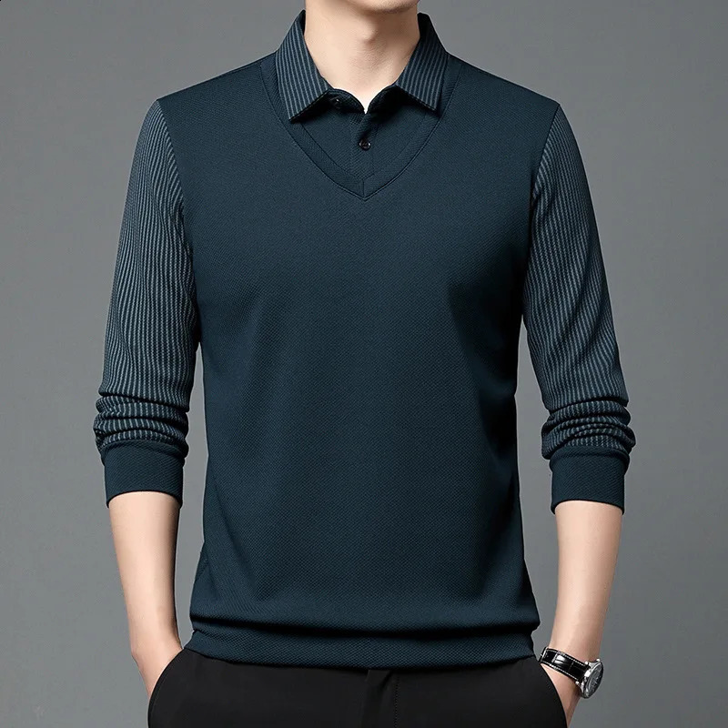 Spring Autumn Long Sleeved Two Piece Mens Clothing Casual Collar Bottom Shirt Simplicity Allmatch Korean Trend Tops 250113