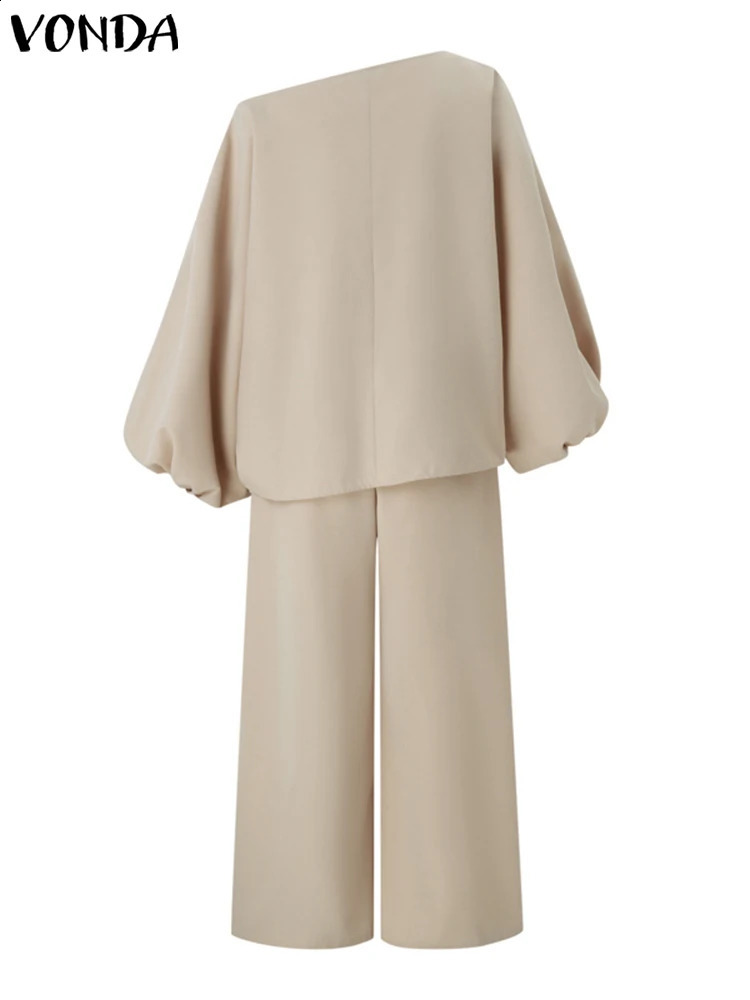 Plus Size VONDA Women Outfits Casual Slanted Collar Tops Elastic Waist Wide Leg Pant Sets 2024 Elegant Solid Pants Suits 2PCS 250106