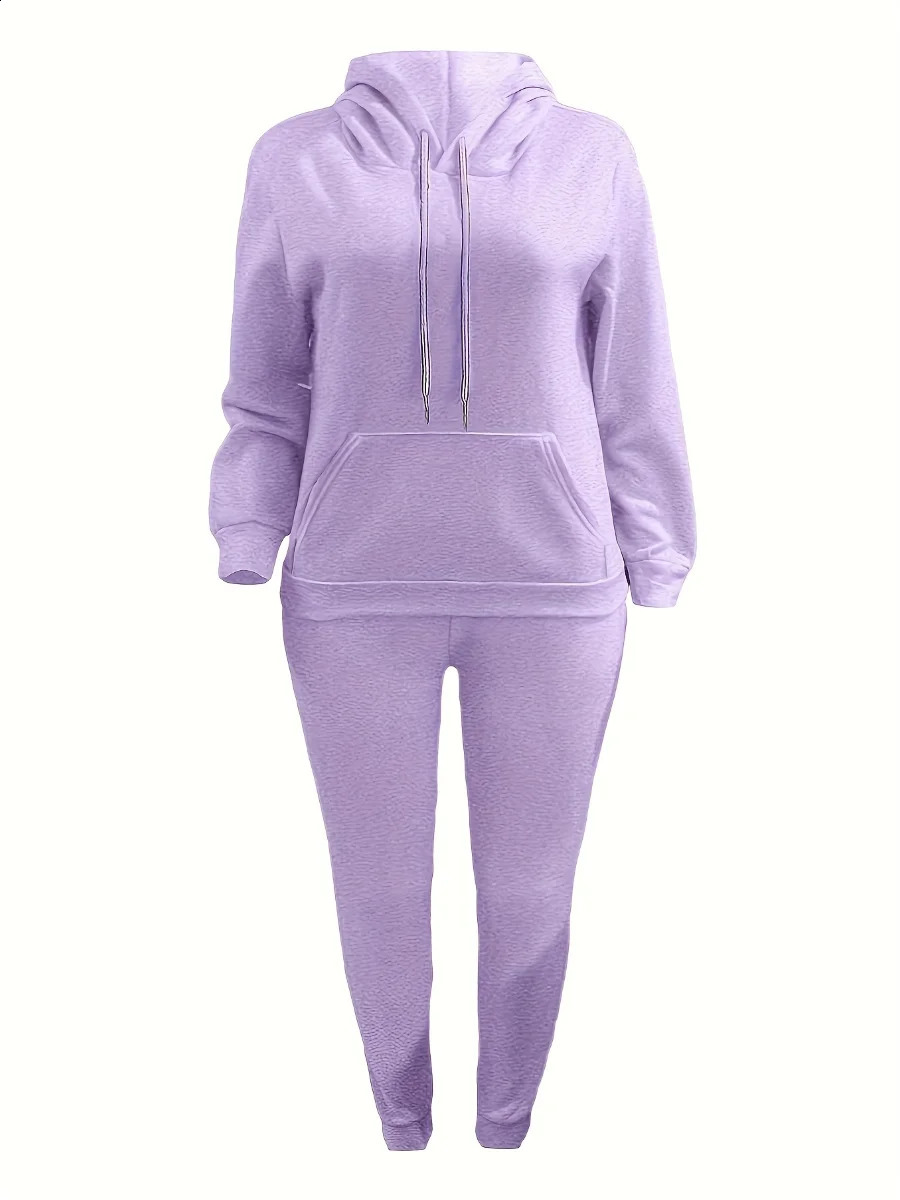 LW Plus Size Fleece Plain Two Pieces Pants Suits Autumn Winter Thickened Hooded Collar Kangaroo Pocket Drawsting Tracksuit Set y250122