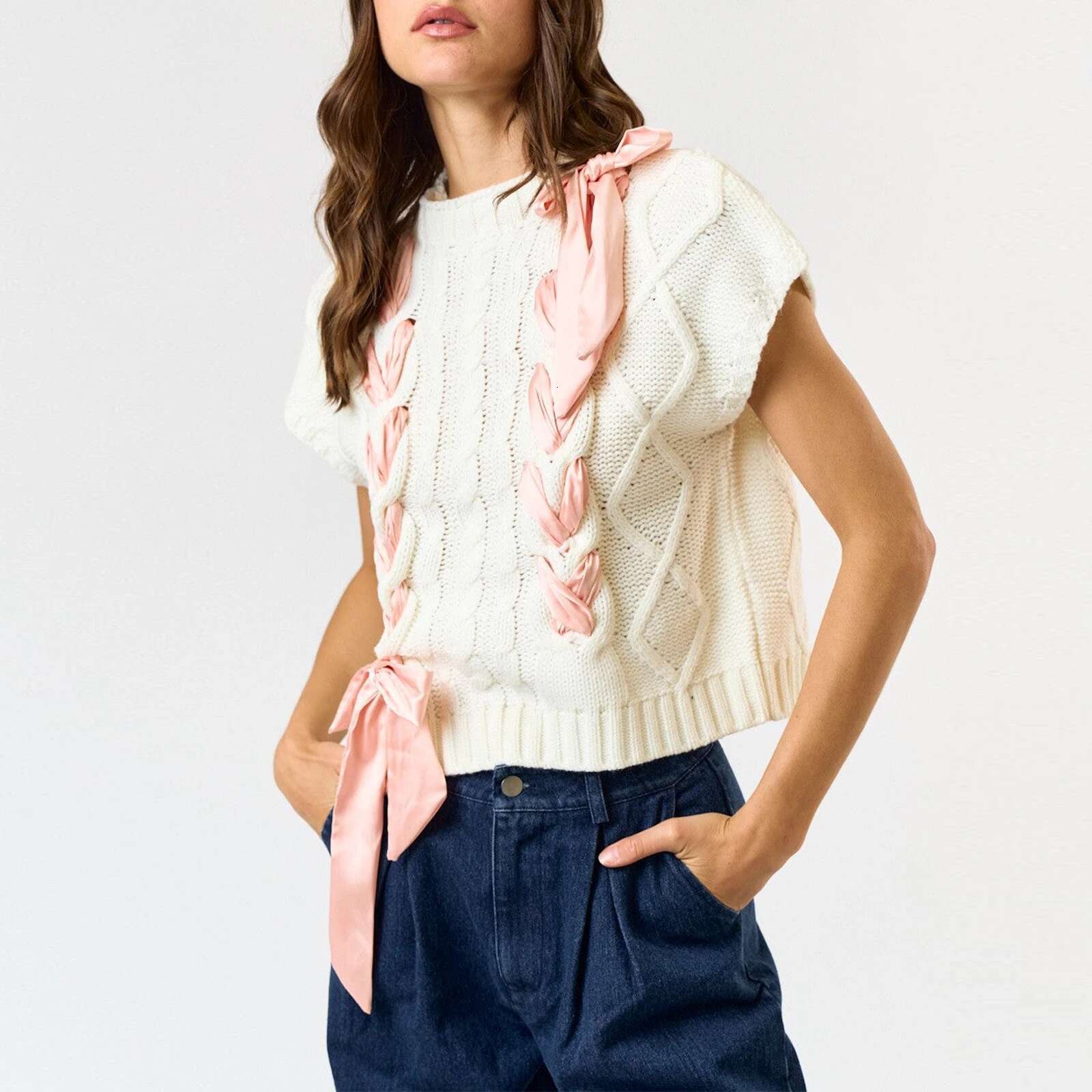 Combhasaki Women Y2k Kawaii Knitwear Tops Crew Neck Short Sleeve Contrast Color Ribbon Drawstring Tie-Up Sweater Vest Streetwear