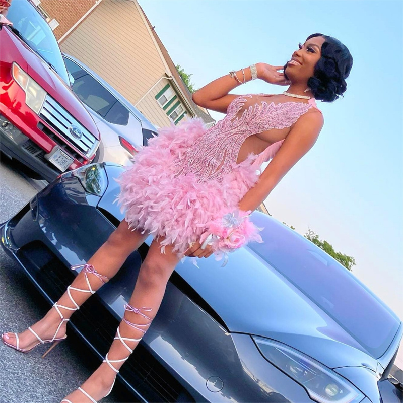 Luxury Pink Baddie Prom Dress Sexy Feather Short Cocktail Dress Sequin Evening Black Girls Birthday Dress Party Wear South African Formal Occasion Dre