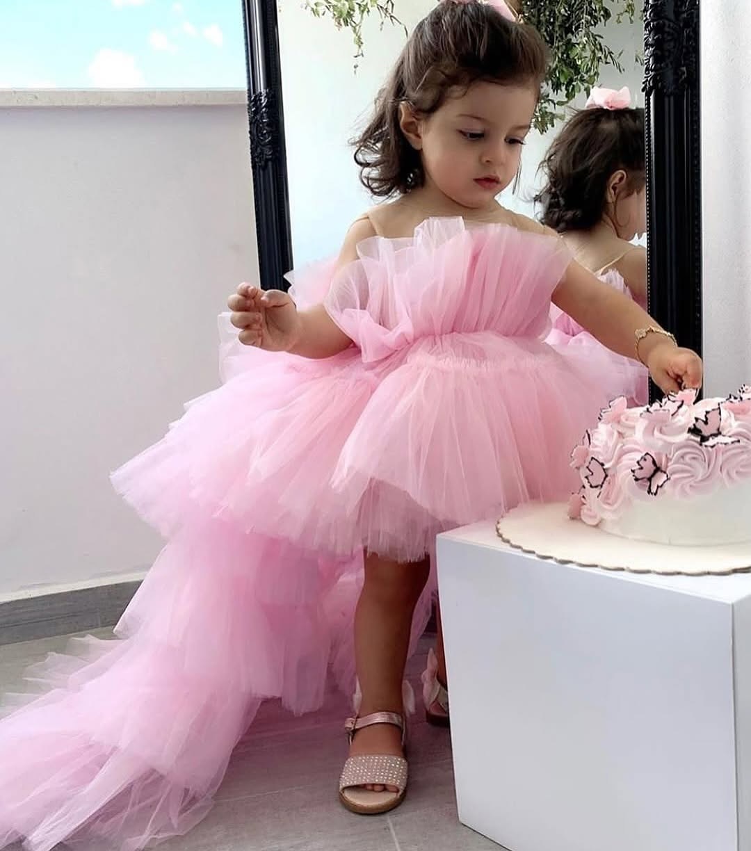 High Pink Low Princess Wer Girl Dresses For Wedding Sheer Jewel Necke Toddler Pageant Gowns Tulle Tiered Birthday Party Dress