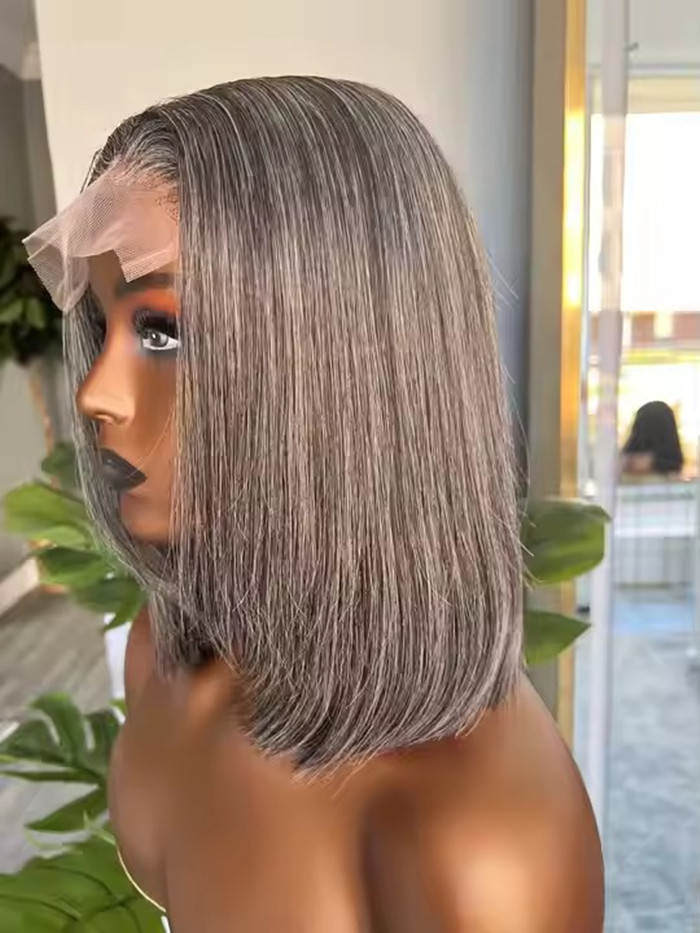 Raw virgin short gray bob style human hair wigs real hair salt and pepper mixed hair wigs 5x5 hd lace closure front wig custom hand made