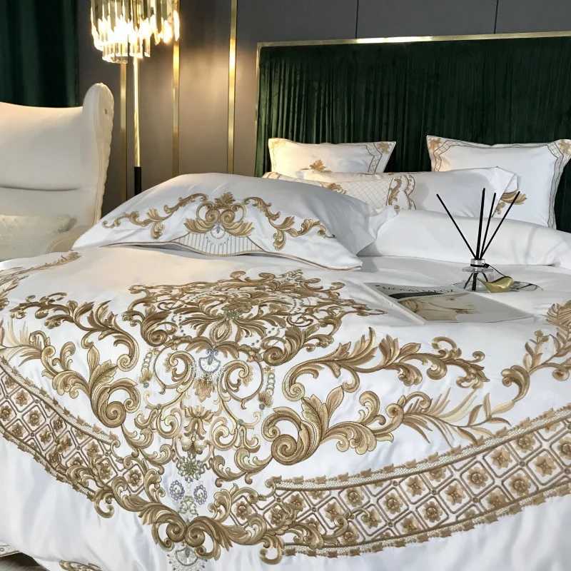 Bedding sets White Bedding Set 60S Satin Cotton Royal Gold Embroidery Soft Duvet Cover Set Bed Sheet cases 4 Pcs 5Pcs H250113
