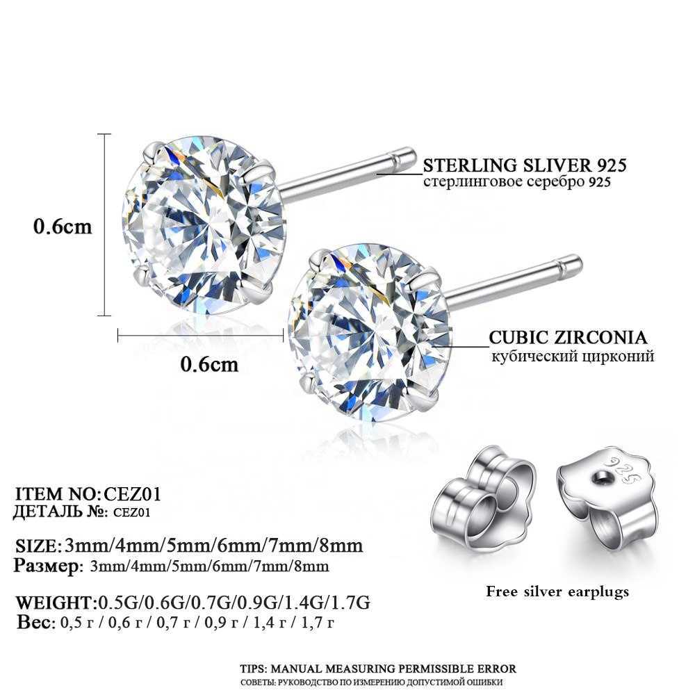 Wholesale Promotion Real 925 Sterling Silver Jewelry 3mm 4mm 5mm 6mm 7mm 8mm Round CZ Cubic Zircon Classic Stud Earrings