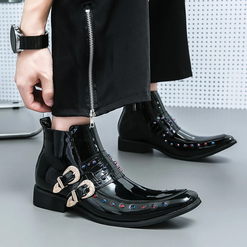 British Style Side Zipper Brown Chelsea Mens Boots Pointed High Top Business Leather Shoes Mens Wedding Ankle Boot 250106