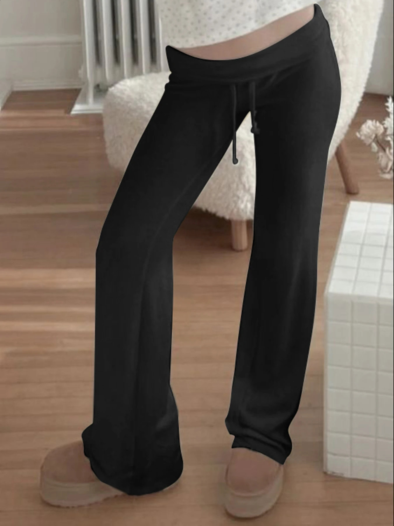 Solid Drawstring Low Waist Straight Pants Women Basic Casual Jogger Sweatpants 250102