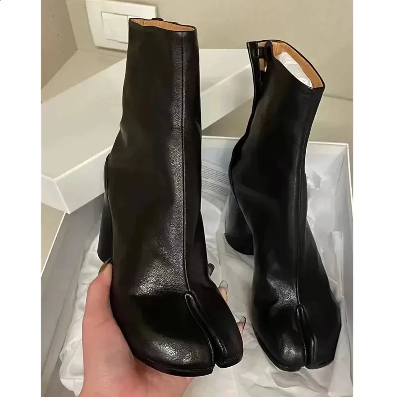 2024 Autumn Winter Soft Leather Split Toe Tabi Womens Ankle Fashion High Heels Thick Shoes Short Boots 240930 250213
