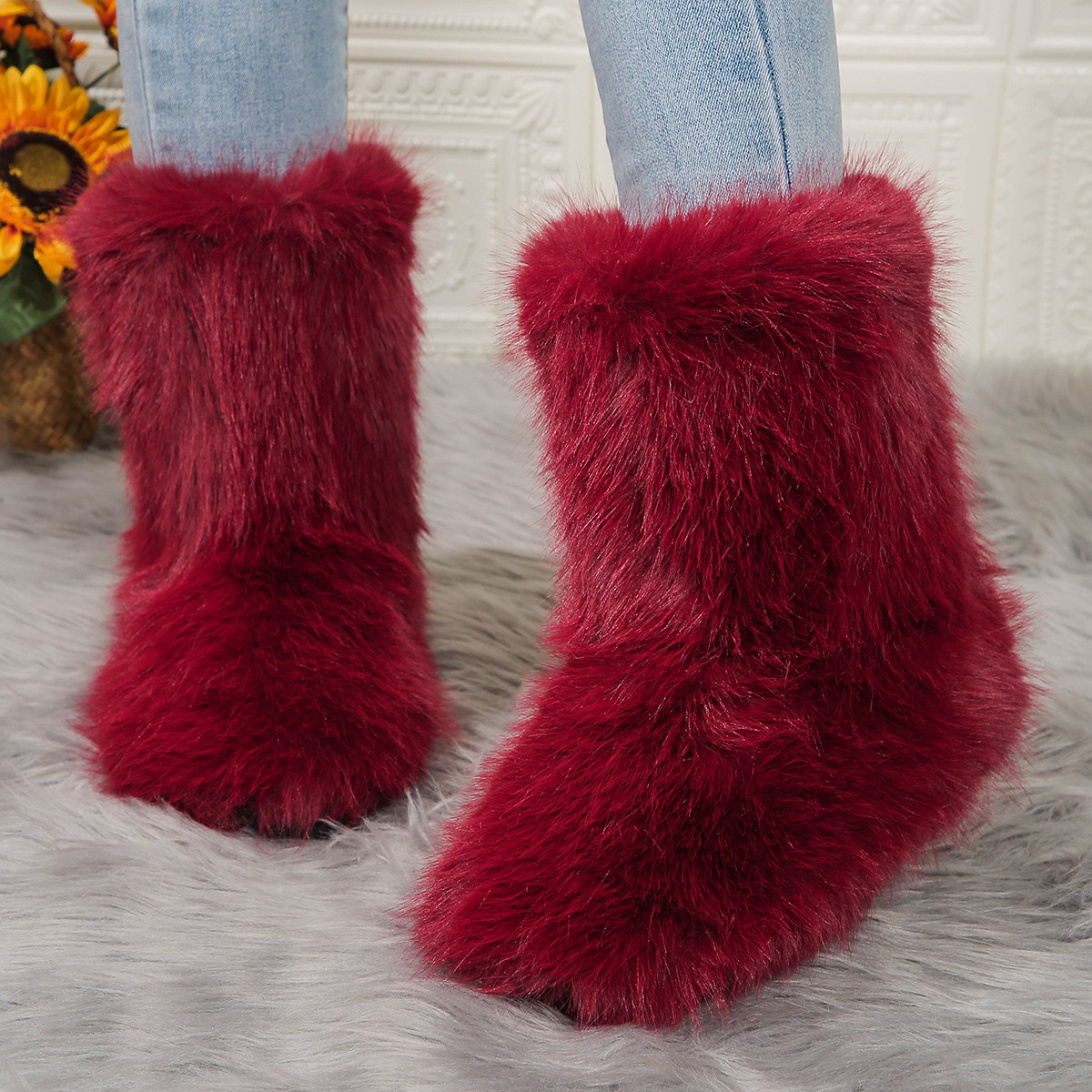 2025 new Womens Fluffy Faux Fur Boots Stylish High-Top - Versatile Winter Warmth for Snowy Adventures 240909