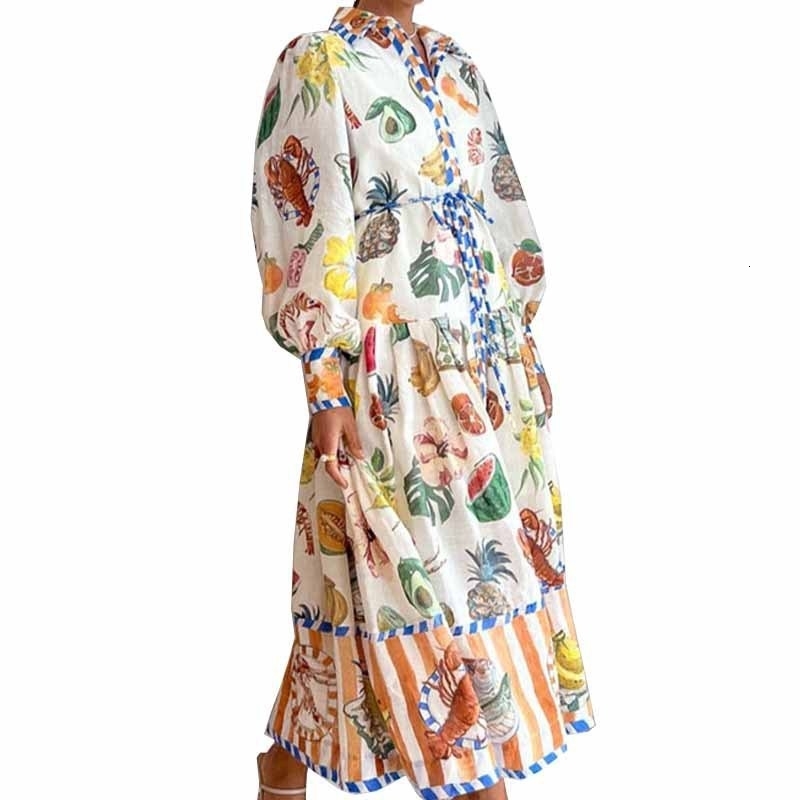 2025 Womens Lantern Sleeve Printed Lapel Waist Cinched Long Sleeved Big Swing Dress for Women