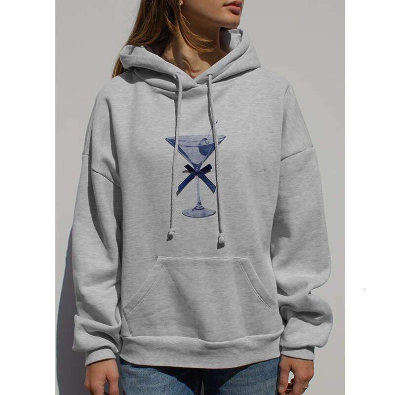 New women's patterned bow red wine glass pullover top long sleeved round neck hooded sweatshirt