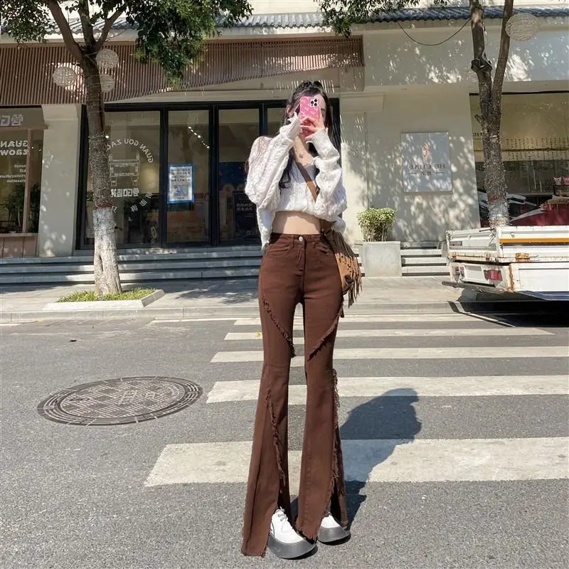 Coffee Colored Fringed Split Jeans for Women High Waisted ElasticTight Fit Slim Floor Length Pants 250106
