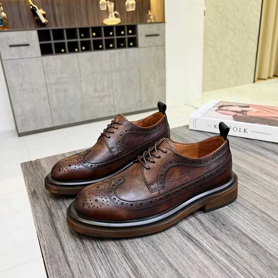 Derby shoes Vintage carved cowhide mens shoes all leather casual business wear mens shoes leather shoes broguesXJ250113