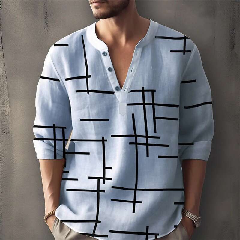 Abstract Striped 3D Printed Henry Shirt Men's Fashion Streetwear Oversized Button Long Sleeved Designer T-shirt T-shirt Top Men's Clothing