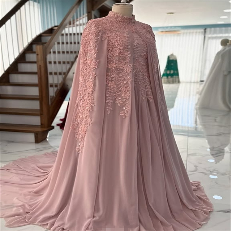 Dusty Pink Muslim Wedding Dress Arabian Moroccan Traditional Ingush Bride Dress Caftan Applique Islamic Sukienka Civil Saudi Arabic Bridal Gowns 2025 