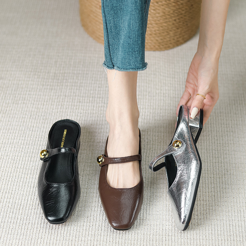 Leather Women Low Heel Slippers Fashion New Mule Shoes Pointed Toe Slides Patchwork Sandal Ladies atos Mujer ert5 9eae