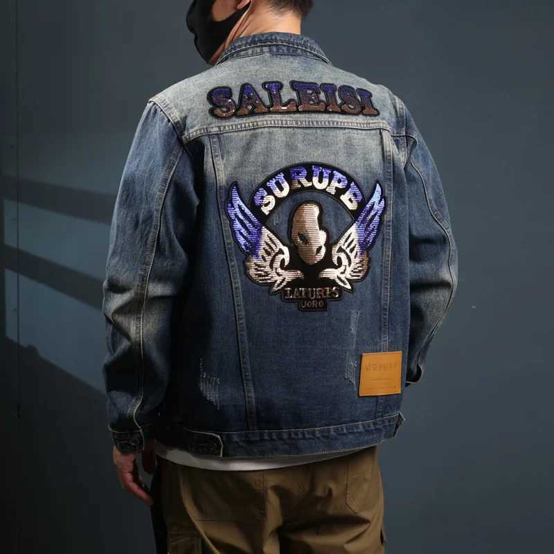2024 New embroidered denim jacket MENS FASHION straight tube loose trendy brand washed retro workwear casual versatile top X250113