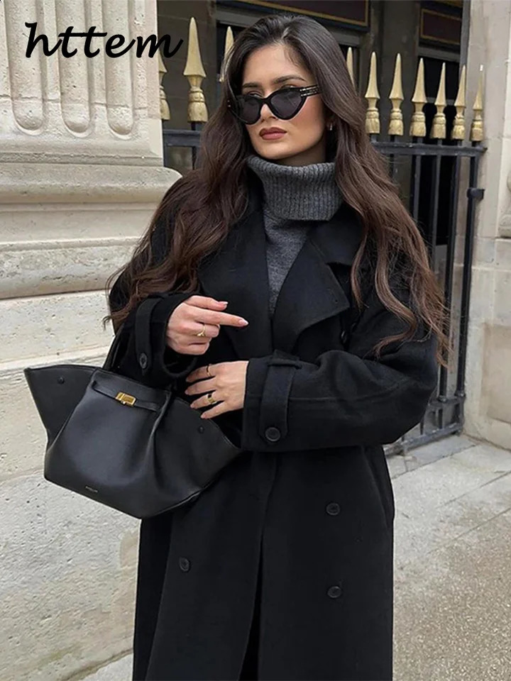 Street black long trench coat womens loose lapel double breasted full sleeved coat autumn and winter womens coat 250108