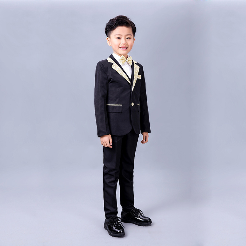 Boys Slim Fit Suits 5 Pieces Set Jacket With Gold Rims For Wedding Party Prom Kids Blazer Vest Pants Shirt Bowtie outfit 241126
