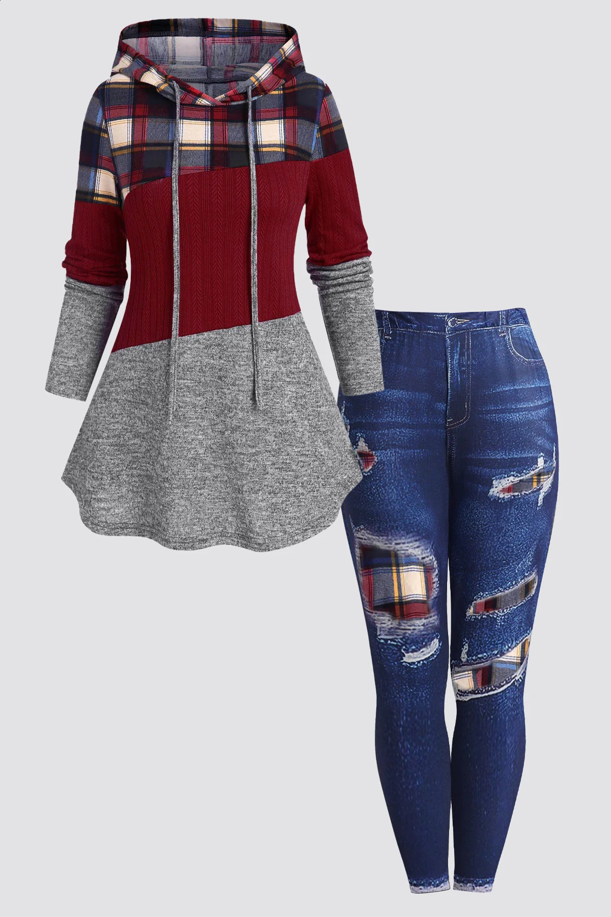 Plus Size Womens Suit Hooded Sweatshirts Colorblock Plaid Print Hoodie Drawstring Textured Tops Denim Pants Set 250106