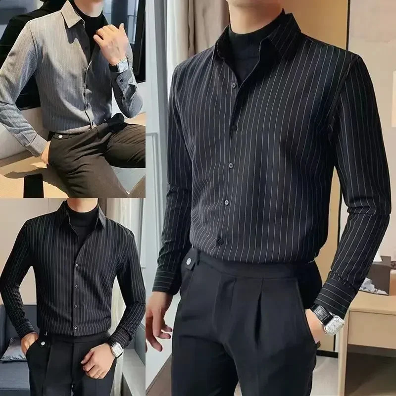Male Top Striped Mens Shirt And Blouse Black Clothes Formal Business Stylish In Original Casual Asia Elegant 250108