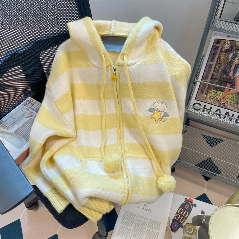 Spring Autumn Casual Cartoon Embroidery Striped Hooded Sweater Women Sweet Knitted Cardigan Coat Japanese Girls Loose Knitwear
