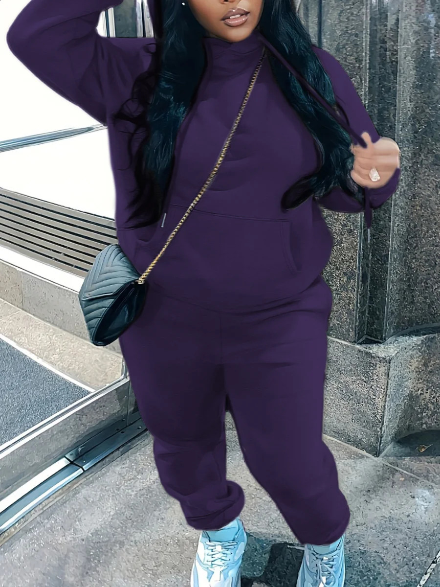 LW Plus Size Fleece Plain Two Pieces Pants Suits Autumn Winter Thickened Hooded Collar Kangaroo Pocket Drawsting Tracksuit Set y250122