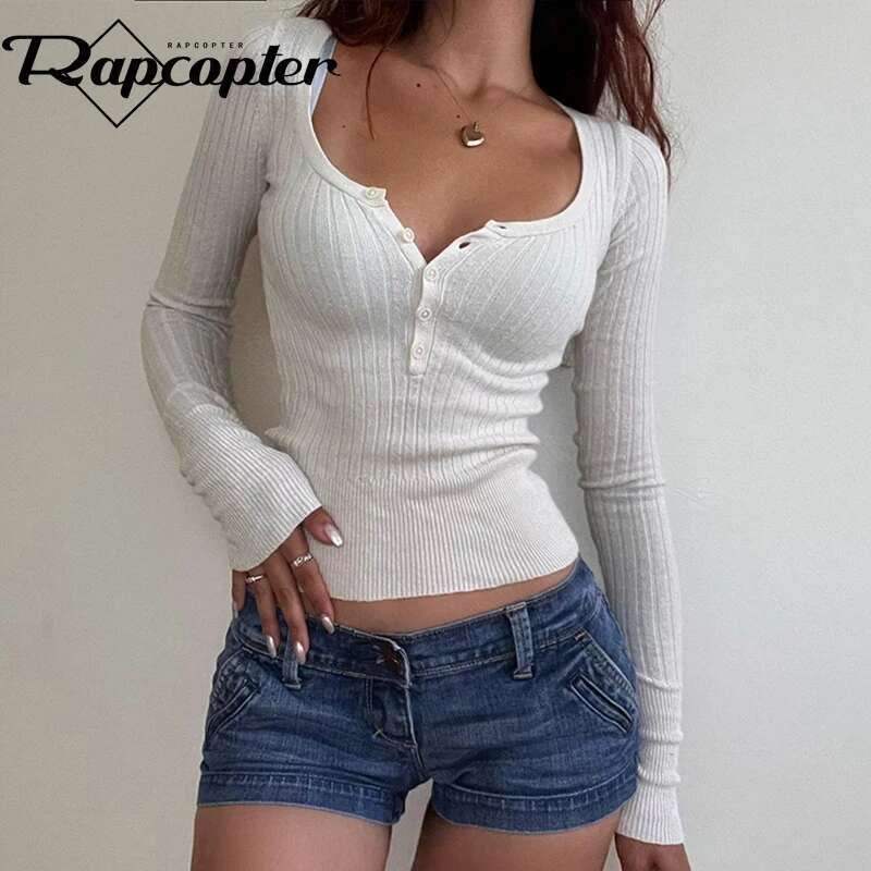 Rapcopter White Button Sweaters O Neck Full Sleeve Y2k Pullovers Streetwear Haruku Vintage Jumpers Autumn Winter Knitwear 90S