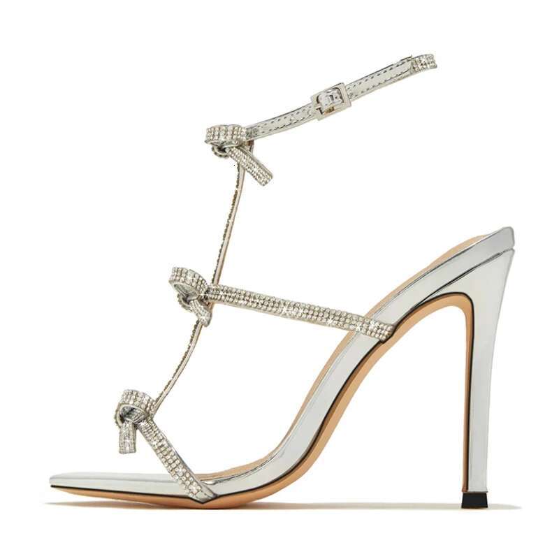 Liyke 2025 Summer Fashion Glitter Rhie Bowknot Women's Gladiator Thin High Heels Sandals Sexy Open Toe Party Dress Shoes