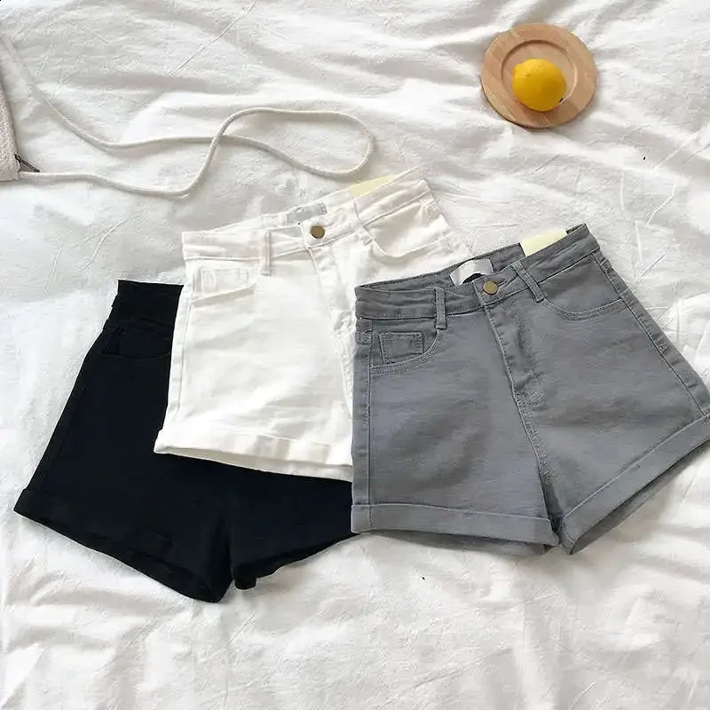 Retro High Waist Denim Short Gray White Black Casual Summer Slim Sexy Streetwear Jeans Bike Female C7187 250102
