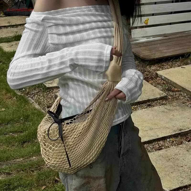 Hollow Out Croissant Mesh Bags For Women Designer Handbag Purse 2024 New Fashion Large Capacity Weave Shoulder Crossbody ddmynov