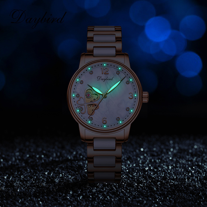 New Hollow out Mechanical Night Glow Ceramic Clover Women's Watch Temperament Waterproof