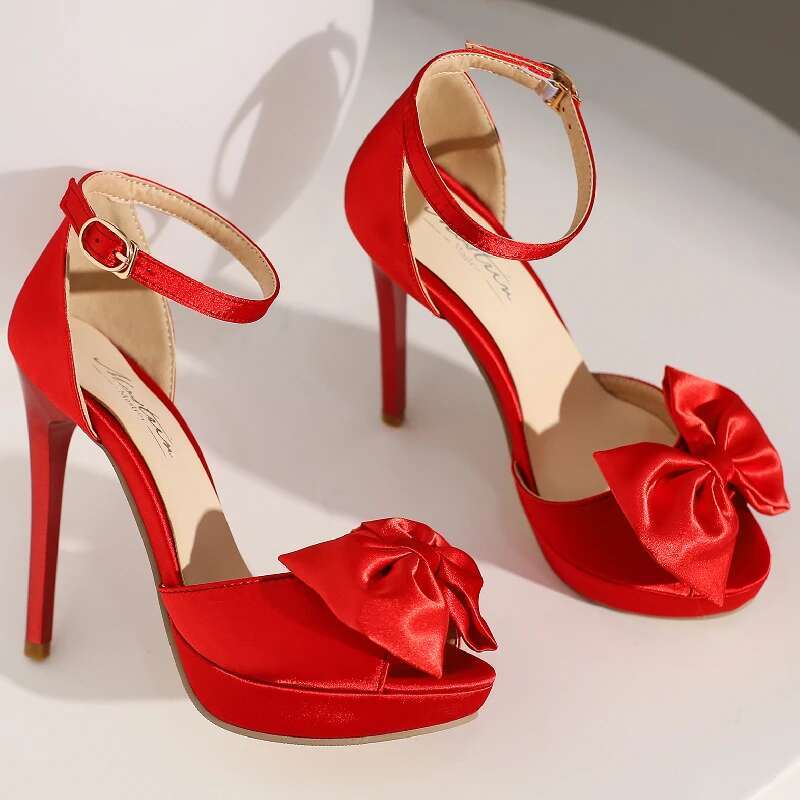 Fashion Summer For Women Sandals High Heels Platform Ankle Straps Silk Bow Red Party Wedding Shoes Female Sweet Bow-Tied