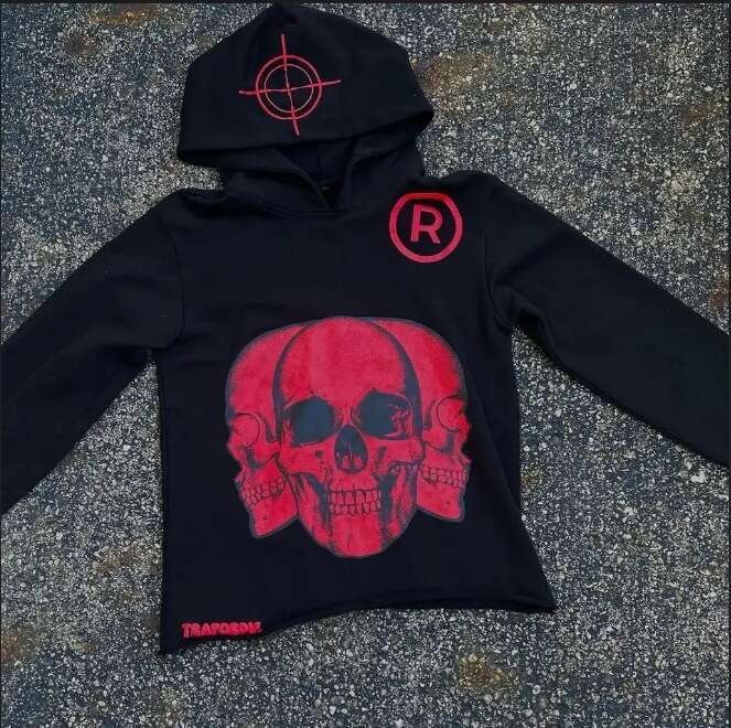 Trendy Gothic style hooded sweatshirt with skull letter print pullover for men and women, Halloween hoodie