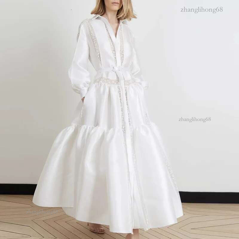 Siskakia Fashion White Shirt Dress Satin Lapel Button Lantern Long Sleeve Pleated Ruffle Hem Midi Dress Elegant Lace Patchwork Y0118