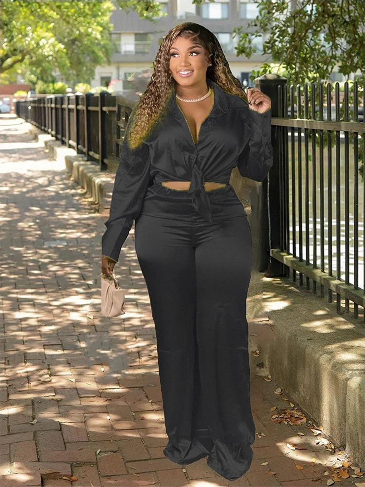 Two piece womens clothing set long sleeved shirt satin pants plus size casual wholesale bulk direct y250122