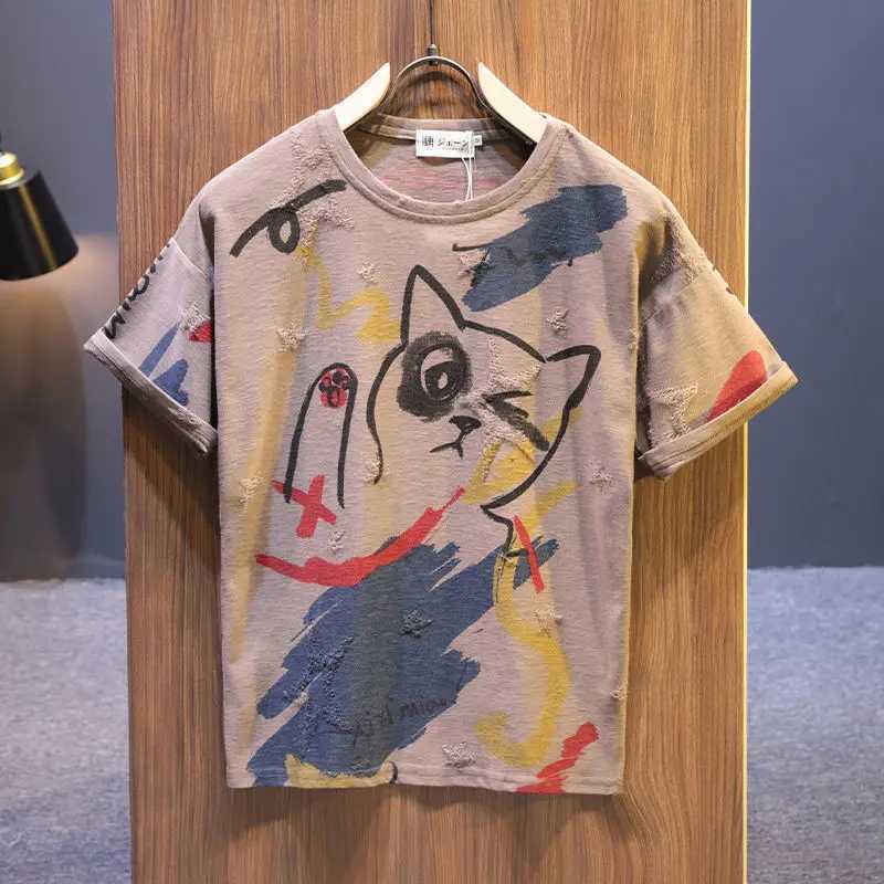 Summer New Fashion Printing T-Shirts Man Round Neck Casual Short Sleeve Pullovers Pure Cotton Loose Y2K All-match Vintage Tops X250113