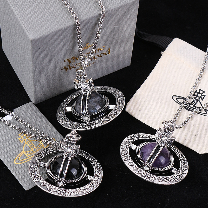 Designer Vivianes Wests Woods Western Empress Dowager High Version Large Ancient Silver Carving Obsidian Amethyst Granite Three Dimensional Saturn Necklace Swea
