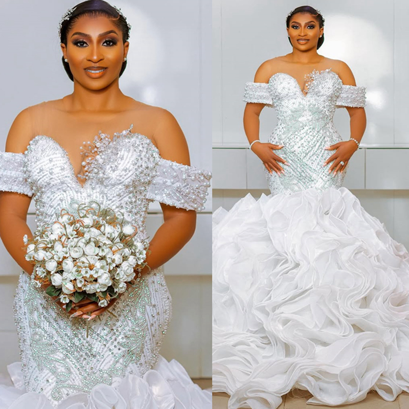 2025 Plus Size Aso Ebi Wedding Dress Bridal Gowns For Bride Mermaid Sheer Neck Long Sleeves Illusion Beaded Lace Tiered Organza Wedding Gowns For Blac